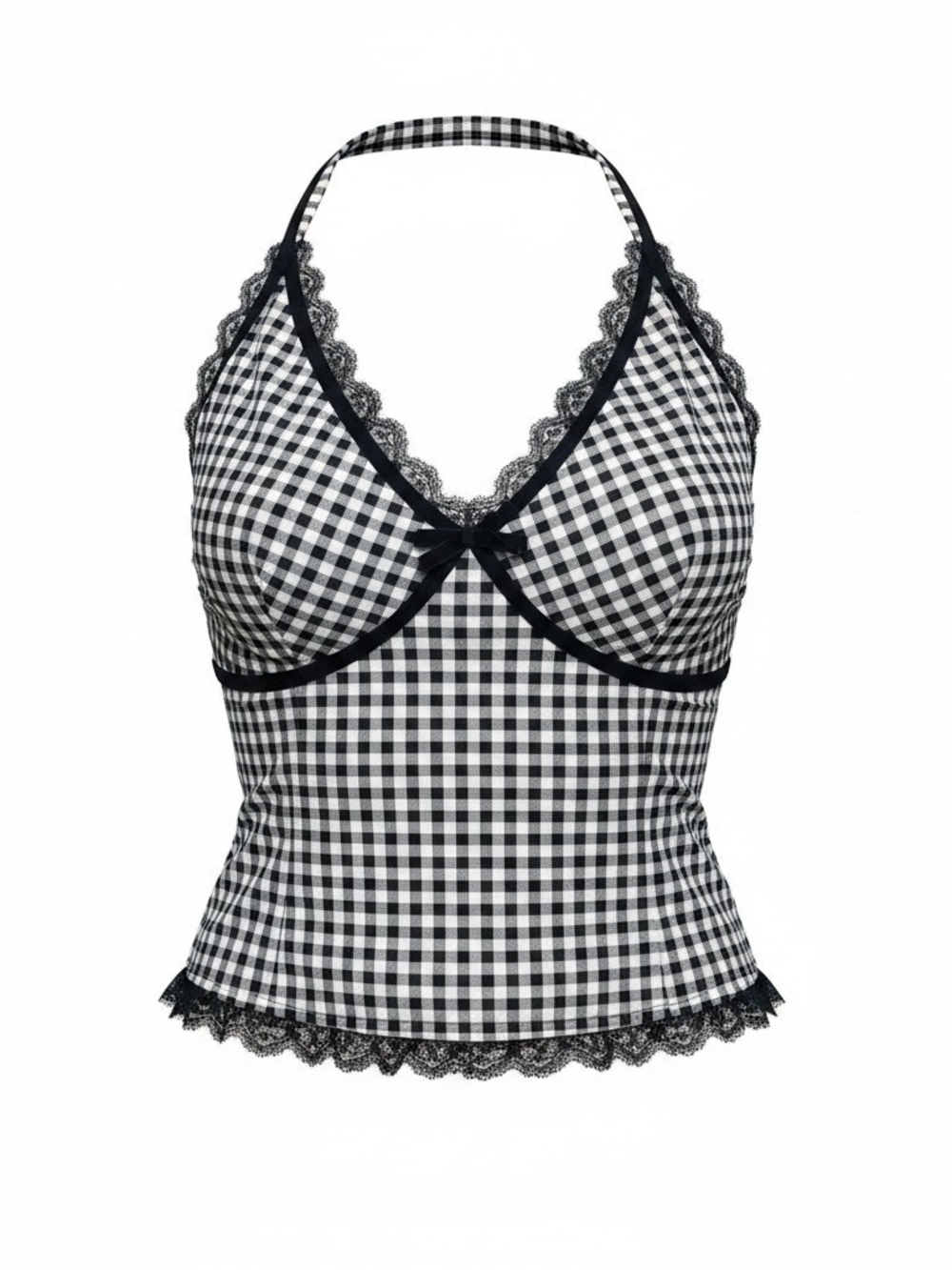 Gingham Halter Camisole with Lace Trim - Black & White